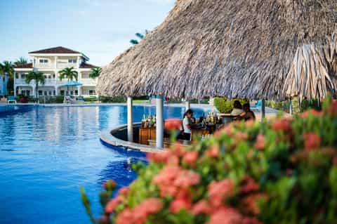 Tropical resort with thatch-roof bar in pool, white mansion-style building surrounded by palm trees and flowers
