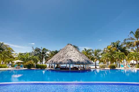 Resort pool with large thatched-roof palapa shelter, surrounded by palm trees and lounge chairs under clear blue sky