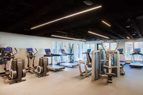 State-of-the-art fitness center with cardio equipment, weight machines, large windows, and modern lighting