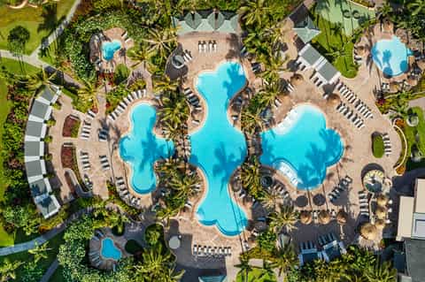 Aerial view of resort pool area with Mickey Mouse-shaped swimming pools surrounded by palm trees