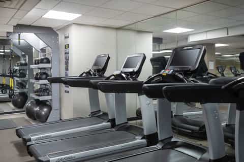 Modern fitness center with cardio equipment and exercise machines in bright indoor gym