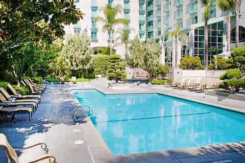 Resort swimming pool with clear blue water, lounge chairs, and tall palm trees surrounding a multi-story hotel building