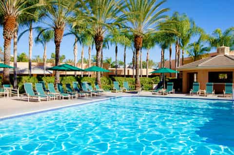 Resort pool with turquoise water, lounge chairs, green umbrellas, and tall palm trees under clear blue sky