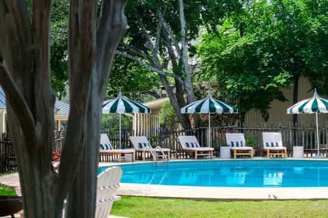 Resort pool with striped umbrellas and lounge chairs surrounded by mature trees and wooden deck