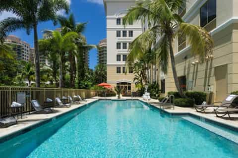 Resort pool with palm trees, loungers, and multi-story hotel buildings under blue sky