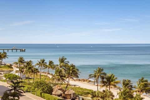 Tropical beachfront resort with palm trees, white sand beach, and ocean pier visible in the distance