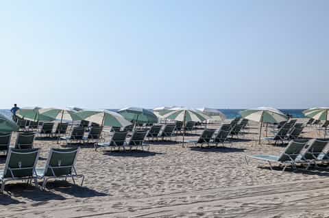 Beach scene with rows of green and white umbrellas and loungers facing the ocean