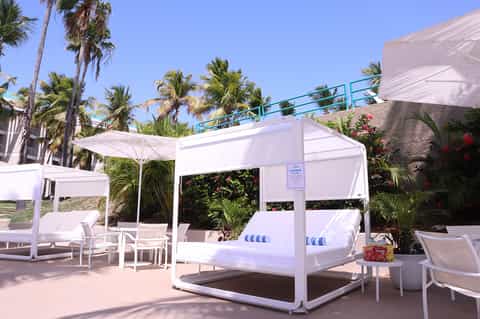 Tropical resort cabana with white canopy beds, palm trees, and ocean view deck