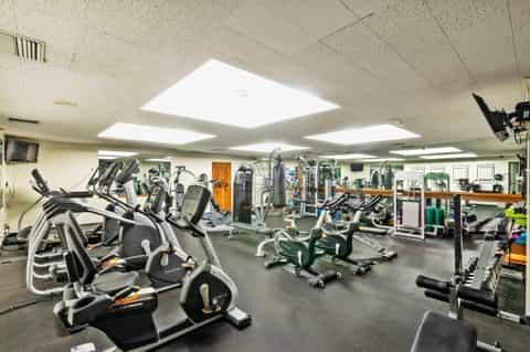 Bright fitness facility with stationary bikes, ellipticals, and strength training equipment