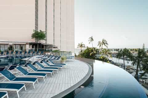 Rooftop pool deck with blue lounge chairs overlooking waterfront and palm trees