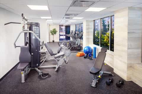 Fitness center with cardio equipment, free weights, exercise ball, and large windows