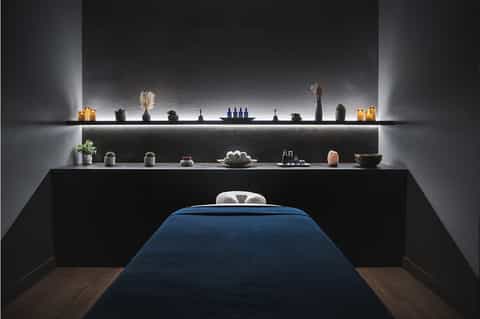 Luxury spa bathtub with dark tile surround, shelving with candles, plants, and minimalist décor