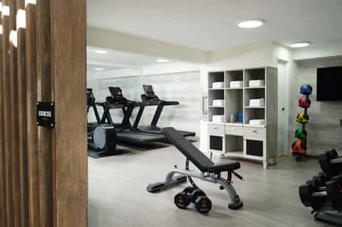 Modern home gym with treadmills, weight bench, dumbbells, and storage shelving