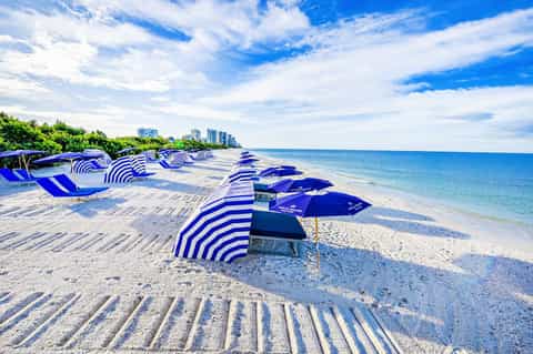 Blue and white striped beach umbrellas and lounge chairs on sandy beach with ocean and city skyline