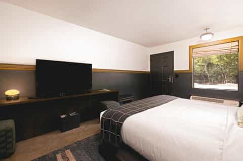 Hotel bedroom with king bed, flat-screen TV mounted on black accent wall, and large window with forest view