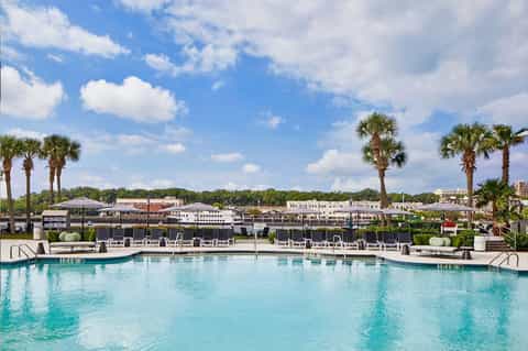 Waterfront resort pool overlooking boats and palm trees with clear sky