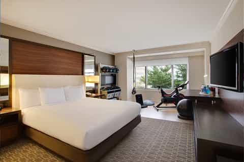 Modern hotel room with king bed, wood headboard, flat-screen TV, and exercise bike by large windows