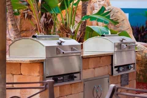 Two stainless steel grills on brick base with tropical plants and ocean view backdrop