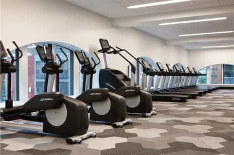 Modern gym with rows of cardio equipment including ellipticals and treadmills