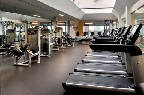 Modern fitness center with treadmills, exercise equipment and large windows