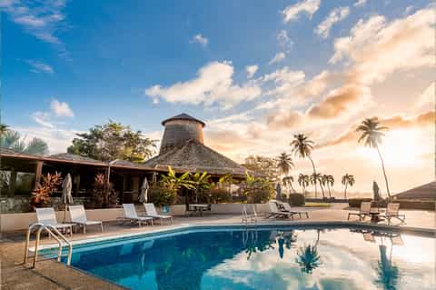 Resort pool with thatched-roof pavilion, palm trees, and tropical landscape at golden hour