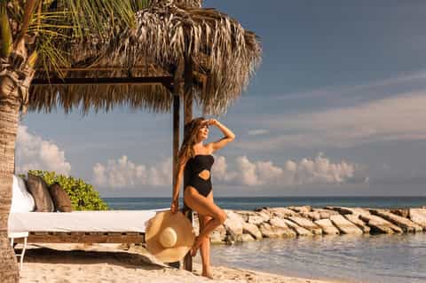 Woman in black swimsuit standing under thatched palm roof on beach with ocean view