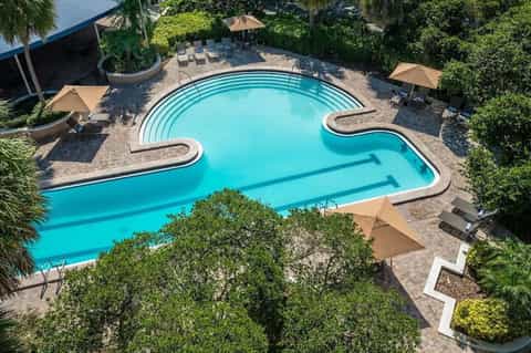 Aerial view of large turquoise kidney-shaped pool surrounded by tan umbrellas, lounge chairs, and lush green landscaping