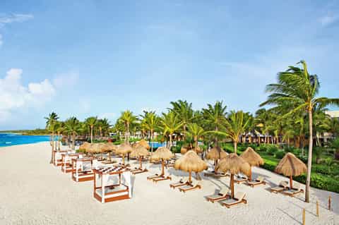 Beachfront resort with thatched umbrellas, lounge chairs, and palm trees along sandy beach