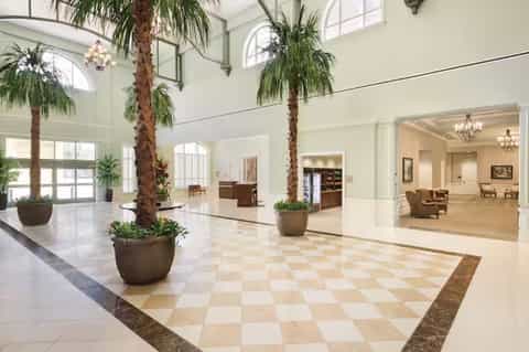 Grand hotel lobby with soaring ceilings, tall palm trees in planters, and checkered marble flooring