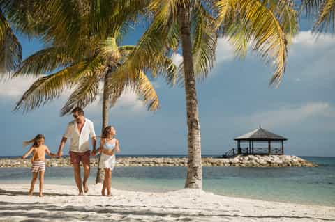 Family wading in shallow ocean water under palm trees with beach gazebo visible in distance