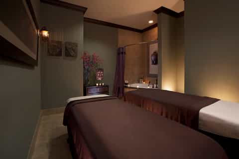 Spa treatment room with two massage tables, green walls, decorative flowers, and ambient lighting