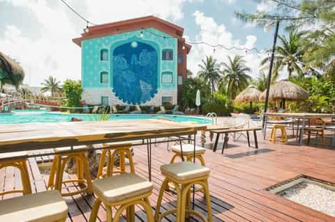Tropical resort pool with turquoise building featuring peacock mural and palm trees