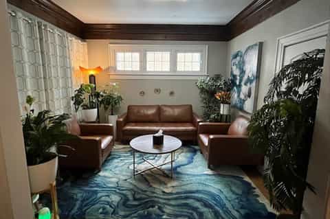 Elegant lounge area with leather seating, potted plants, and blue patterned rug