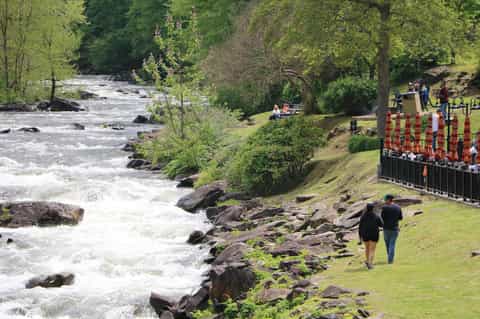 River landscape with rushing water, green trees, and visitors on grassy lawn