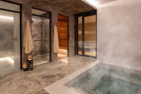 Luxury spa bathroom with marble flooring, walk-in shower, soaking tub, and sauna access