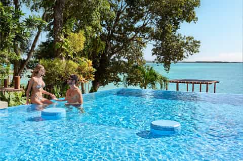 Infinity pool overlooking turquoise ocean with tropical trees and wooden dock