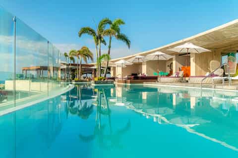 Contemporary luxury pool with glass barriers, palm trees, white umbrellas, and modern lounge seating