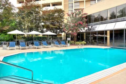 Resort pool surrounded by blue lounge chairs and white umbrellas with modern building and flowering trees in background