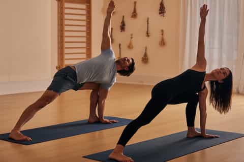 Two people performing side plank yoga poses on mats in bright studio with dried flower wall decor