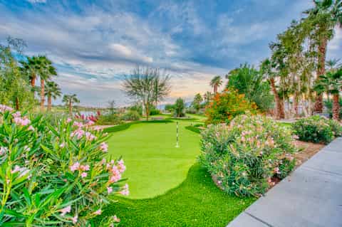 Lush green golf course with colorful flower beds, palm trees, and distant mountains