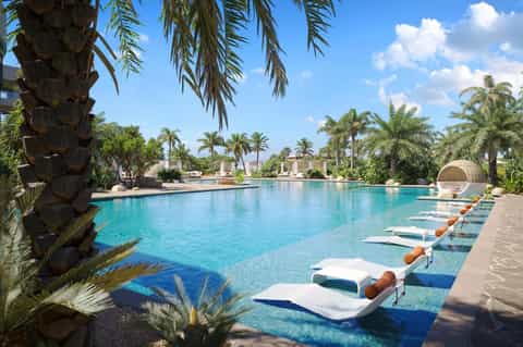 Resort pool with turquoise water, palm trees, loungers, and sunny skies