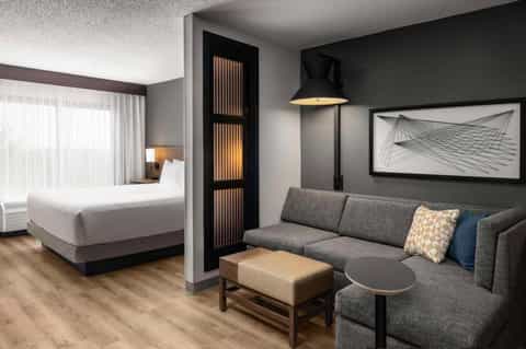 Modern hotel room with bed, sofa, and minimalist design featuring dark accent wall and wood accents