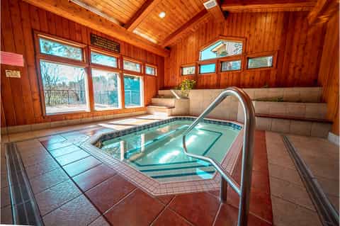 Indoor hot spring bath facility with wooden ceiling, large soaking tubs, and windows overlooking forest landscape