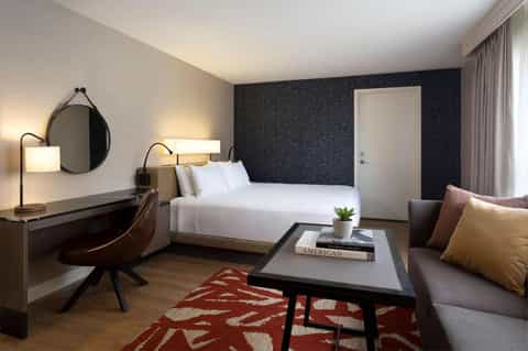 Contemporary hotel room with queen bed, dark accent wall, and modern furnishings