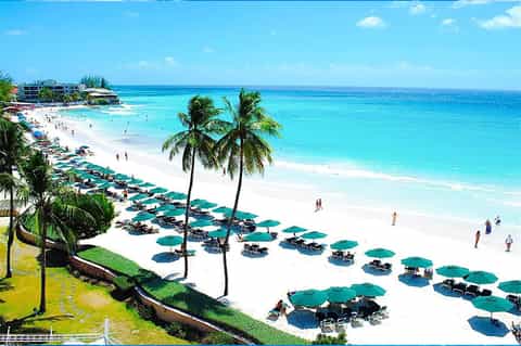 Tropical beach resort with turquoise water, white sand, green umbrellas, and palm trees