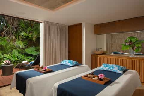 Spa treatment room with two massage tables, tropical garden view through glass doors, and wood accents