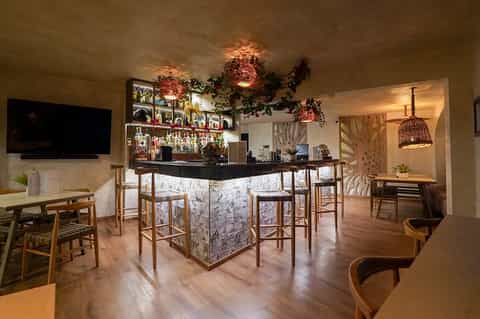 Modern bar lounge with wooden bar, hanging lights, potted plants, and dining area