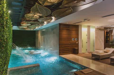 Indoor spa area with hot tub, decorative ceiling elements, green living walls, and sauna access