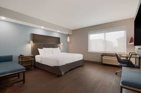 Modern hotel bedroom with dark wood headboard, white bedding, and large windows
