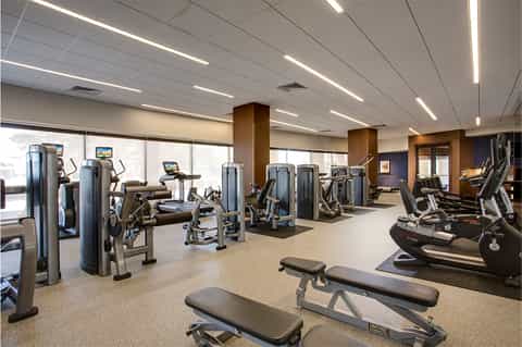 Modern fitness center with cardio equipment, wooden pillars, and bright overhead lighting
